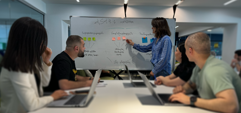 People are talking in front of whiteboard