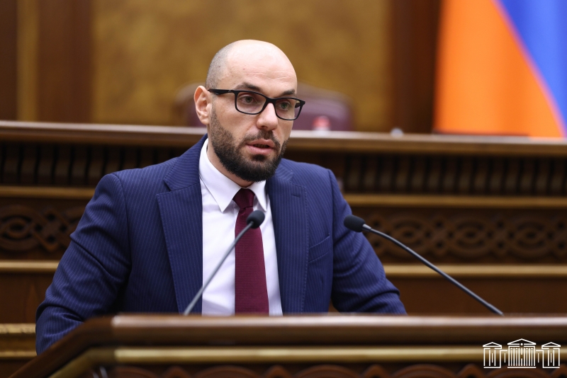 Nairi Adamyan is having a speech at the National Assembly of the RA