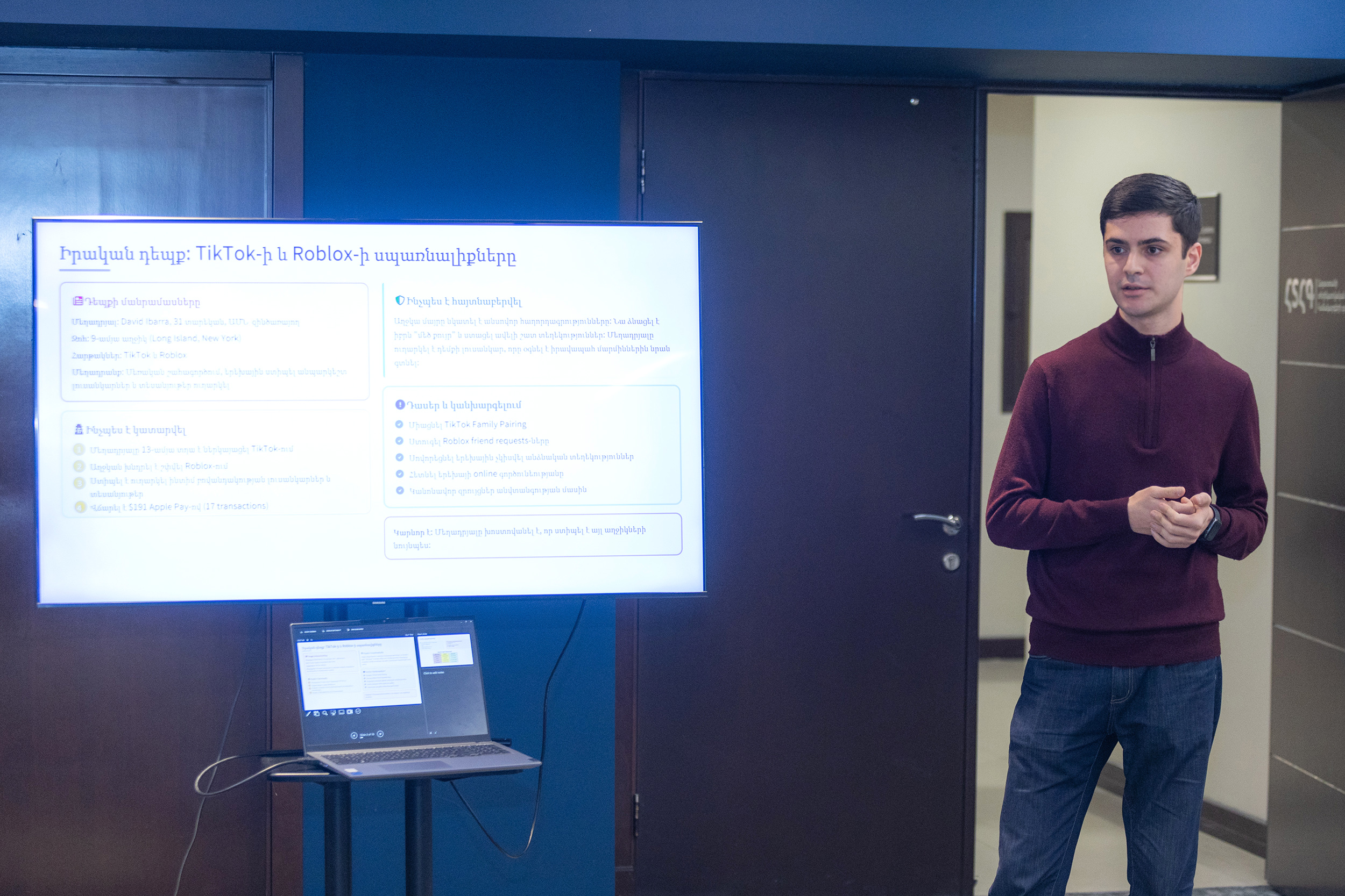 Cybersecurity specialist is making a speech